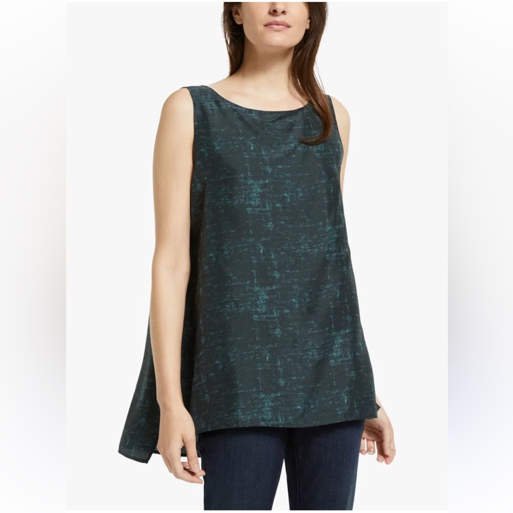 Eileen Fisher Forest Night Silk Bateau Neck Long Shell Size L MSRP$168
